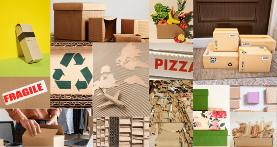 Photos of cardboard boxes-pizza boxes-fragile boxes-various boxes to illustrate the use of corrugated in the retail industry